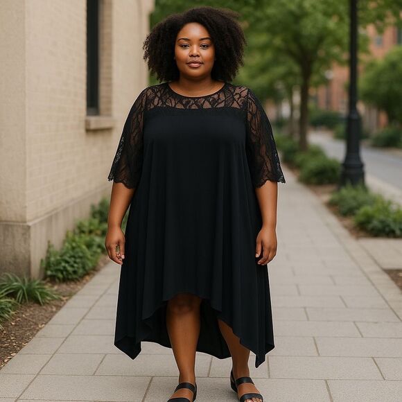 Formal Lacy Black Midi Dress Flowy Hem 3-4 Sleeve Round Neckline Womens Size 2X - Picture 1 of 8